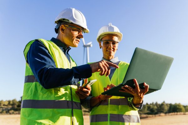 Engineers working on a sustainable energy project.